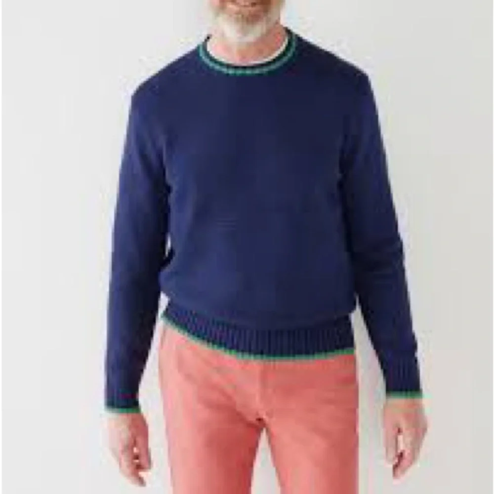 J Crew long sleeve Heritage cotton tipped pullover sweater crew neck navy blue‎